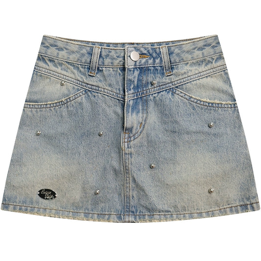 Silver Bead A-Line Denim Skirt | Retro High Waist Slim Fit Summer Style