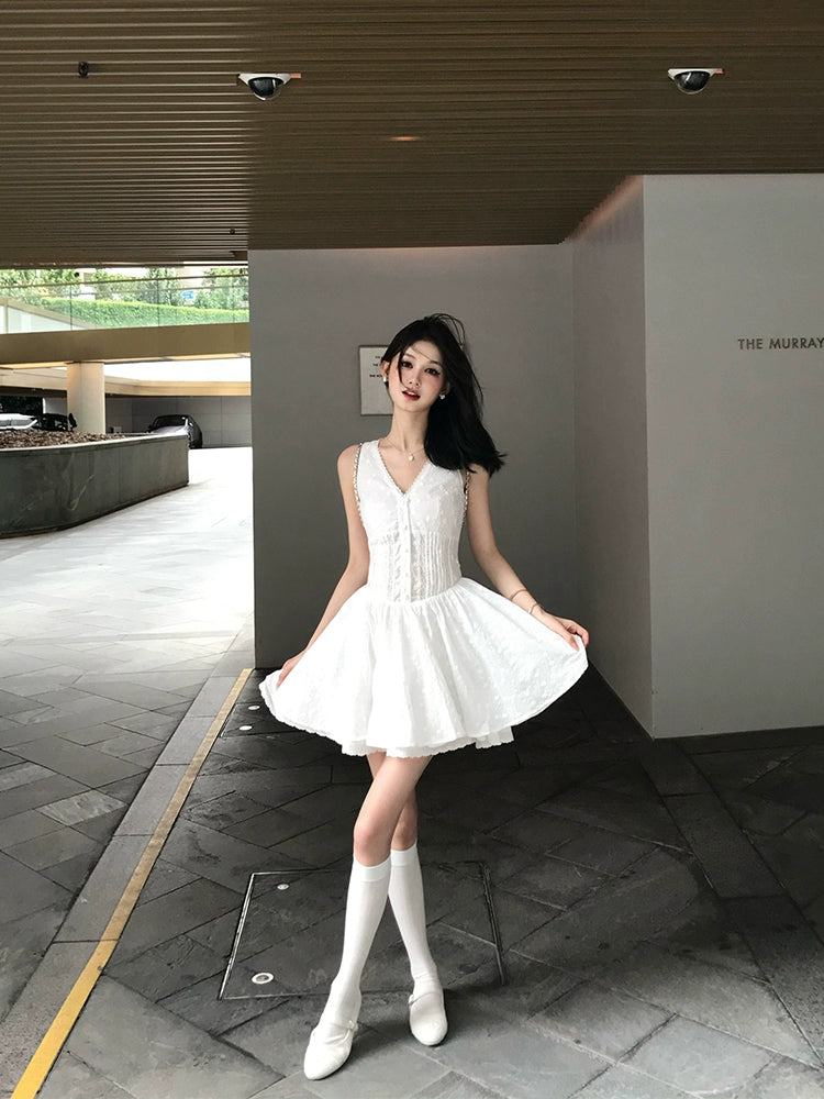 [White Gardenia Appointment] V-Neck Lace Hollow Dress - Summer Perfume Style