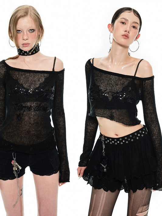 Yoo Ji-min Inspired One-Shoulder Knit Cutout Blouse – Slightly Sheer Crop