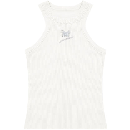 Butterfly Embroidered Backless Tank Top | Retro Sleeveless Knitted Design for Summer