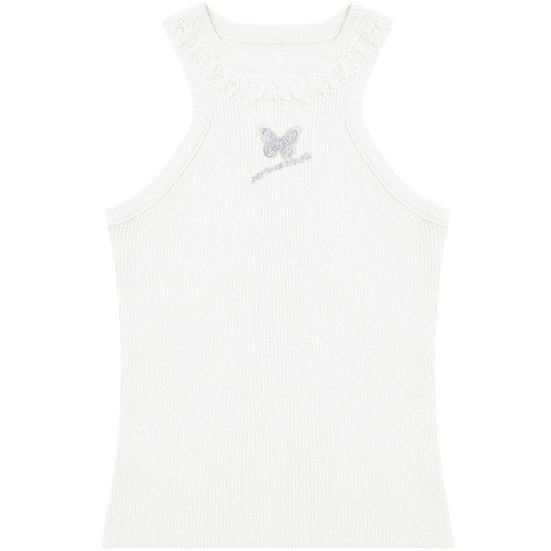 Butterfly Embroidered Backless Tank Top | Retro Sleeveless Knitted Design for Summer