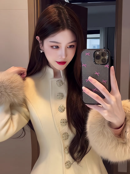 Gold-Tone Cashmere Coat – Fox Fur-Trimmed Elegant Tweed Jacket