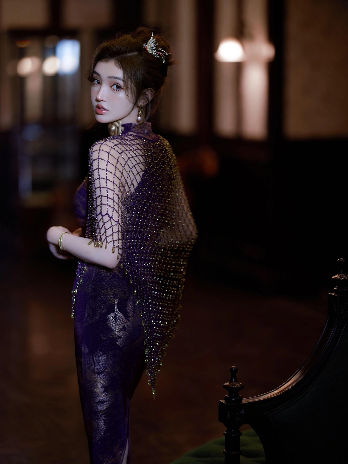 Modern Cheongsam – High-End Purple Jacquard Hip-Wrap Dress