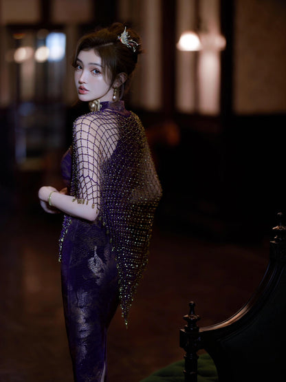Modern Cheongsam – High-End Purple Jacquard Hip-Wrap Dress