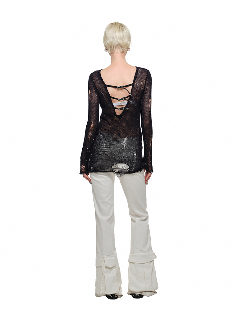 Beaded Cut-Out Knit Blouse – V-Neck Slim Semi-Sheer Knit