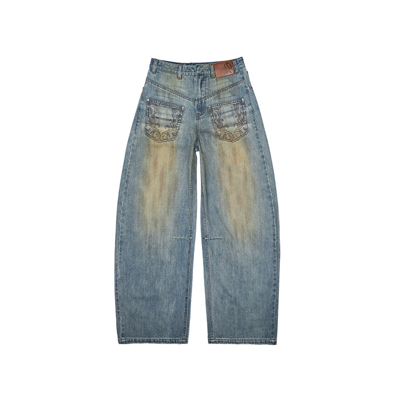 Clay-Dyed Blue Distressed Embroidered Jeans – Deconstructed Low-Rise Fit