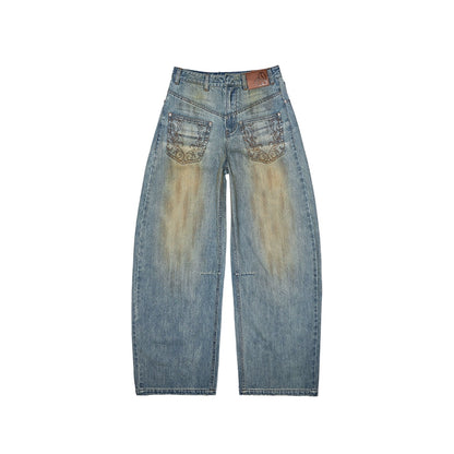 Clay-Dyed Blue Distressed Embroidered Jeans – Deconstructed Low-Rise Fit