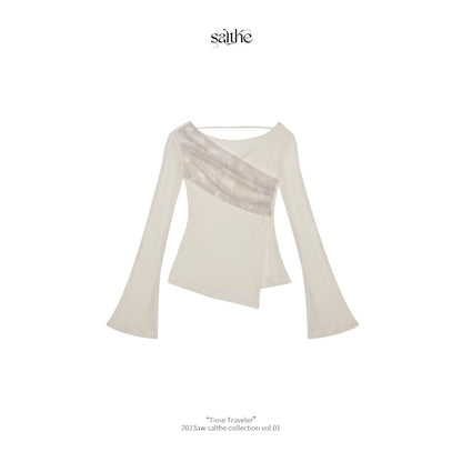 Mist White Begonia One Shoulder V-Neck Knit Shirt