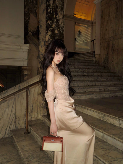 Herringbone Bandeau Dresses – High-End Light Luxury Engagement & Birthday Wear