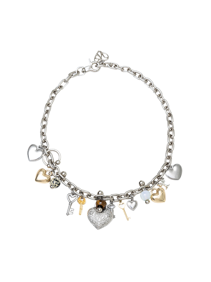 Delicate Three-Dimensional Natural Tiger's Eye Spotted Stone Metal Heart Choker Necklace