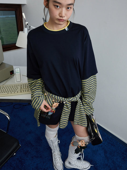 Oversized Striped Fake Two-Piece T-Shirt – Loose Contrast Long Sleeve Top