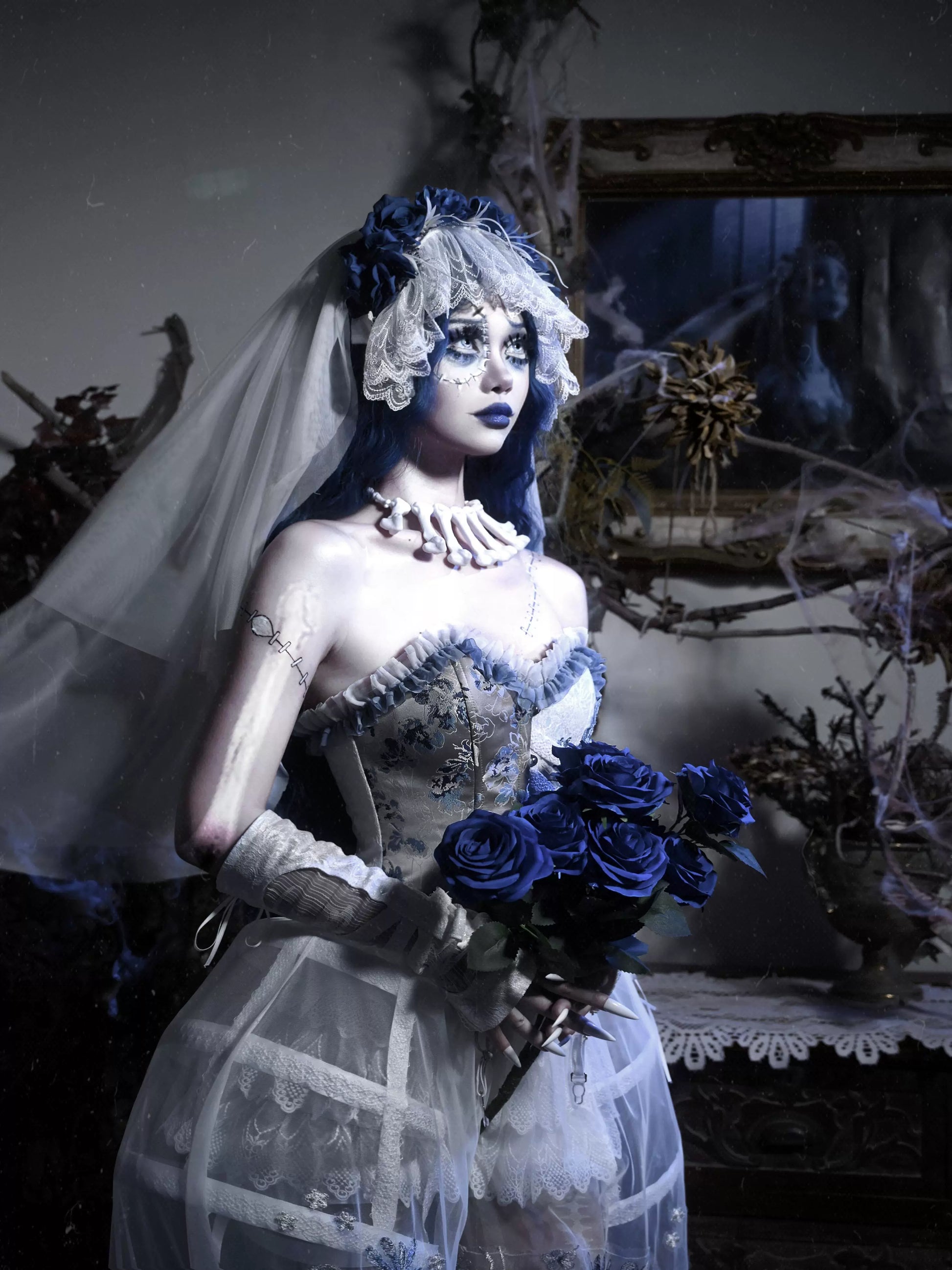 white gothic wedding dresses Zombie bride headdress