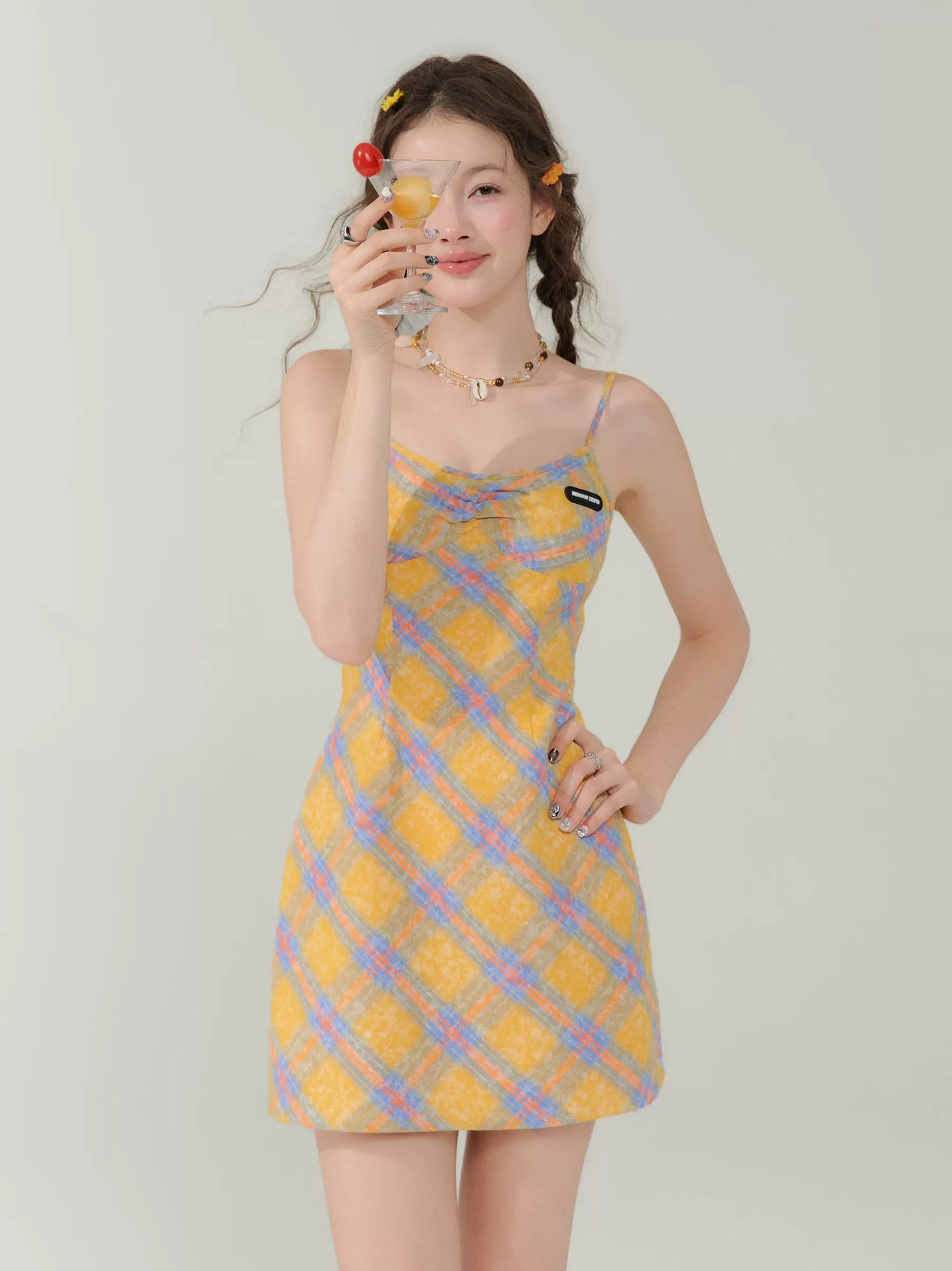 Yellow Checkered Strap Dress | Slim Fit Waist Summer Retro 스타일