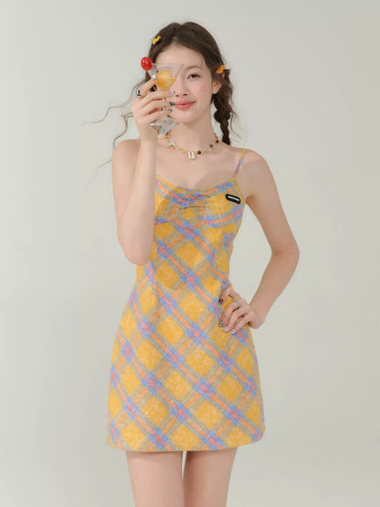 Yellow Checkered Strap Dress | Slim Fit Waist Summer Retro 스타일