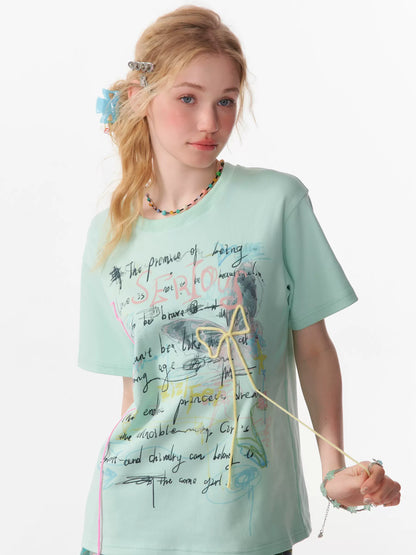 Graffiti Printed Bow T-shirt | Retro English Print Design for Summer