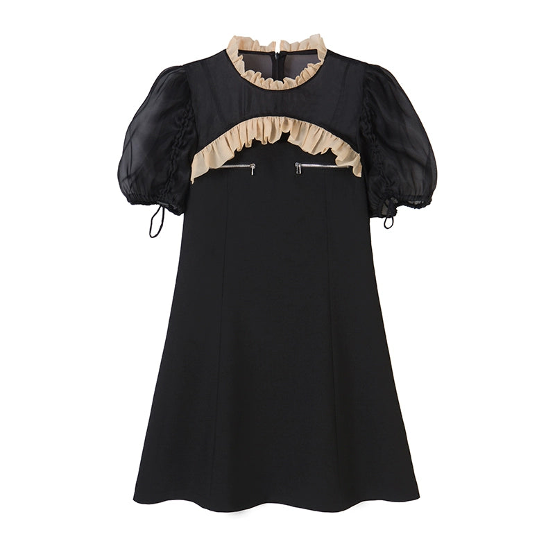 Bubble Sleeve Qipao - Black Short Dress