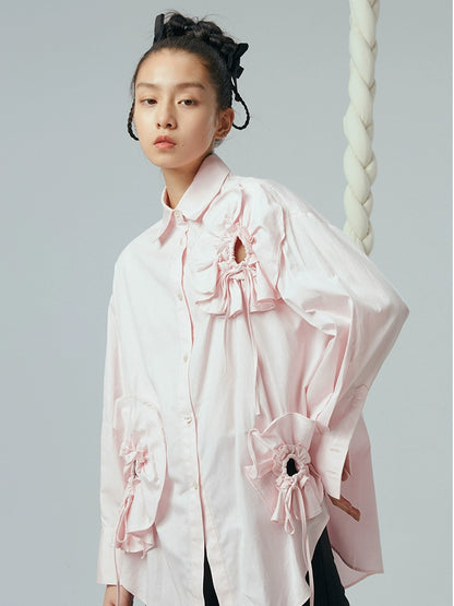 Flower Hollow-Drawstring Pink Shirt