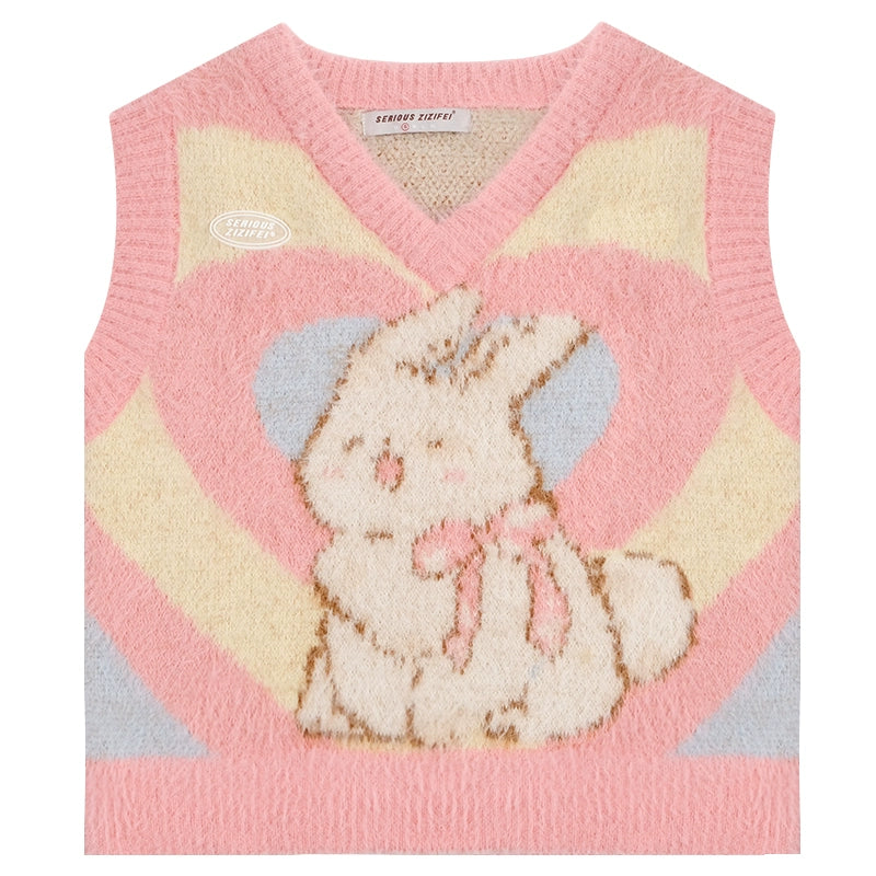 Pink Rabbit Love Knitted Tank Top | Retro V-neck Sweater for Autumn/Winter