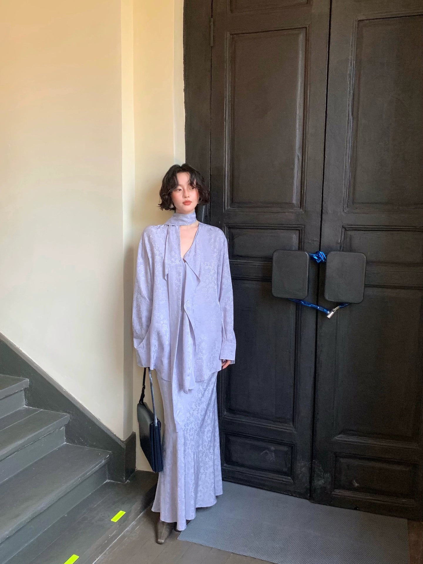 Azure Silk Tencel Shirt & Fishtail Skirt Set – Hong Kong Retro Autumn