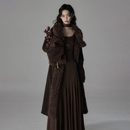 Sandalwood Fragrance Mid Length Plush Corduroy Coat