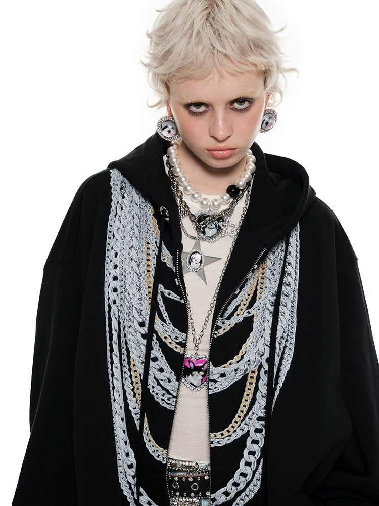 Oversized Chain Print Sweatshirt Cardigan – Heavyweight Slouchy Top