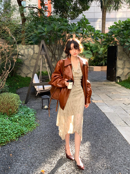 Brown Amber Eco-Leather Motorcycle Jacket – Hong Kong Retro Autumn Style