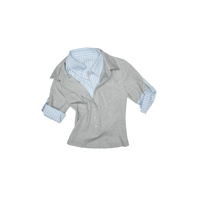 Fake Two-Piece Deep V Polo Tee – Cropped Slim Short Sleeve