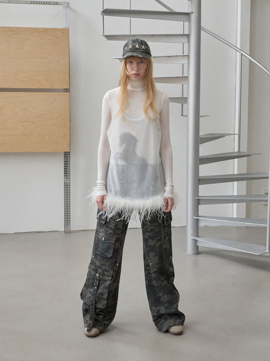 Ostrich Feather Mesh Tank Top