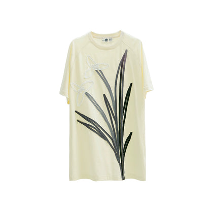 Camiseta de manga corta de bordado de iris crema
