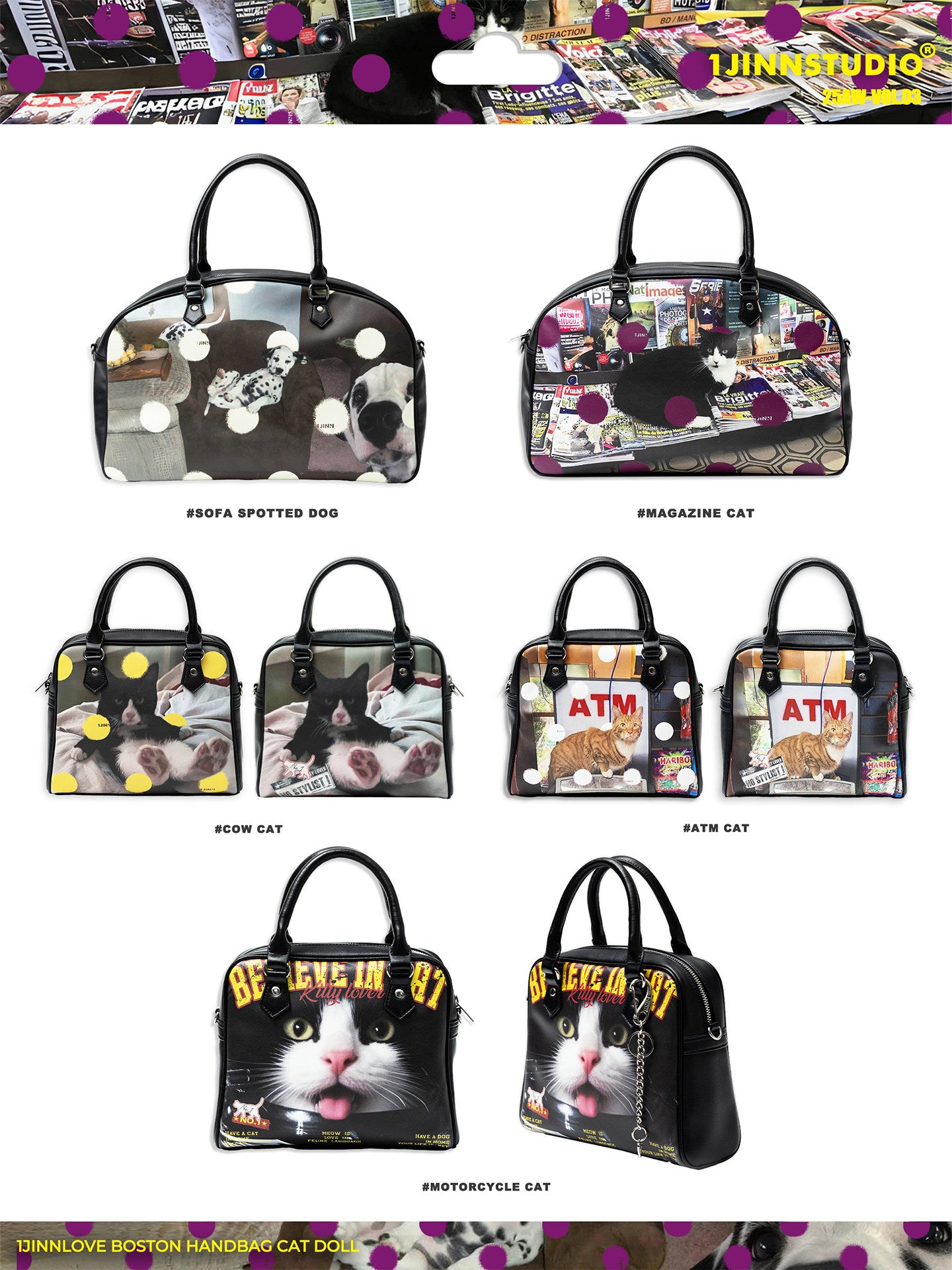 Cat & Dog Print Boston Bag