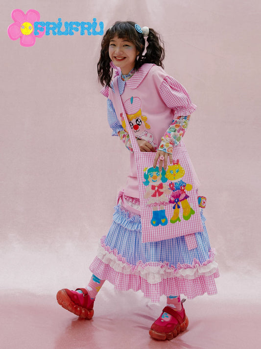 Gollu Store & Happy Collaboration Cartoon Print Pink Plaid Cute Princess Canvas Pouch Girl