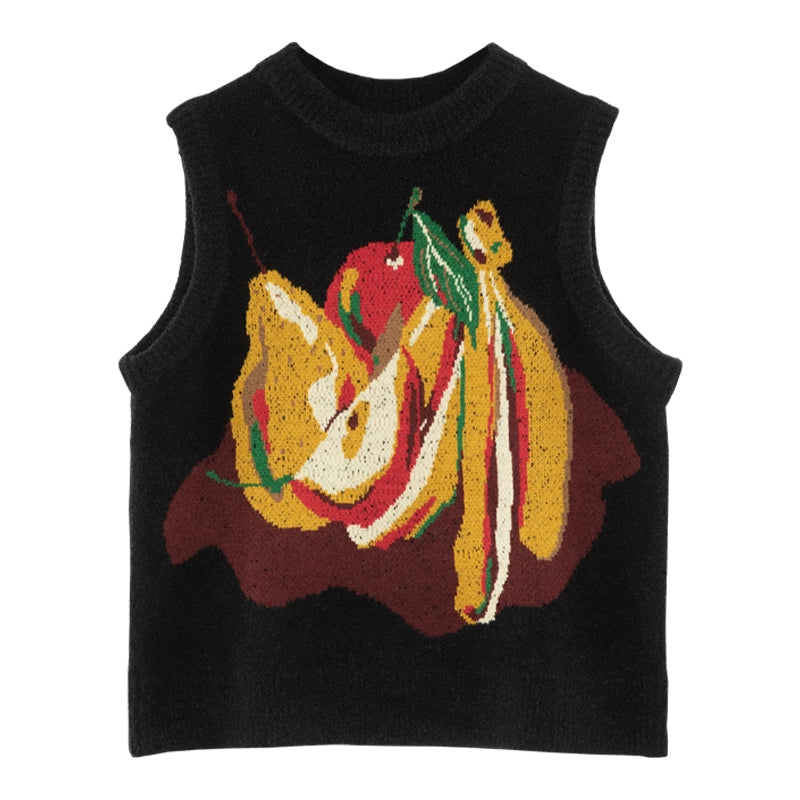 Fruit Jacquard Black Wool Vest Sweater