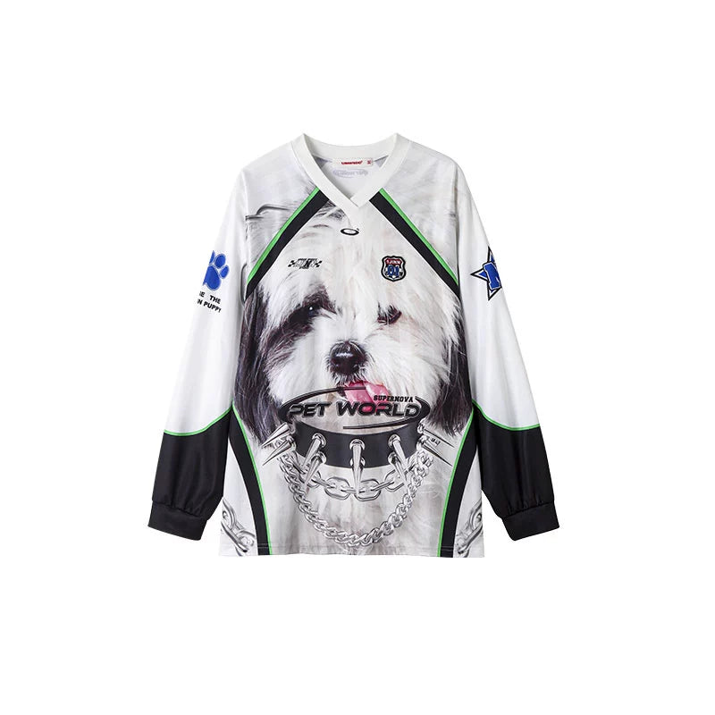 Big Cat Face Print Satin Long Sleeve – American Street V-Neck Sports Tee