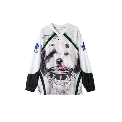 Big Cat Face Print Satin Long Sleeve – American Street V-Neck Sports Tee