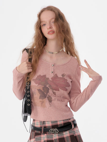 Butterfly Print Long Sleeve Knit Top | Slim Fit Retro Style for Autumn/Winter