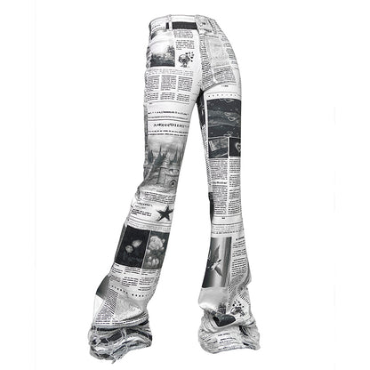 Mars Space Station Theme Printed Newspaper Jeans