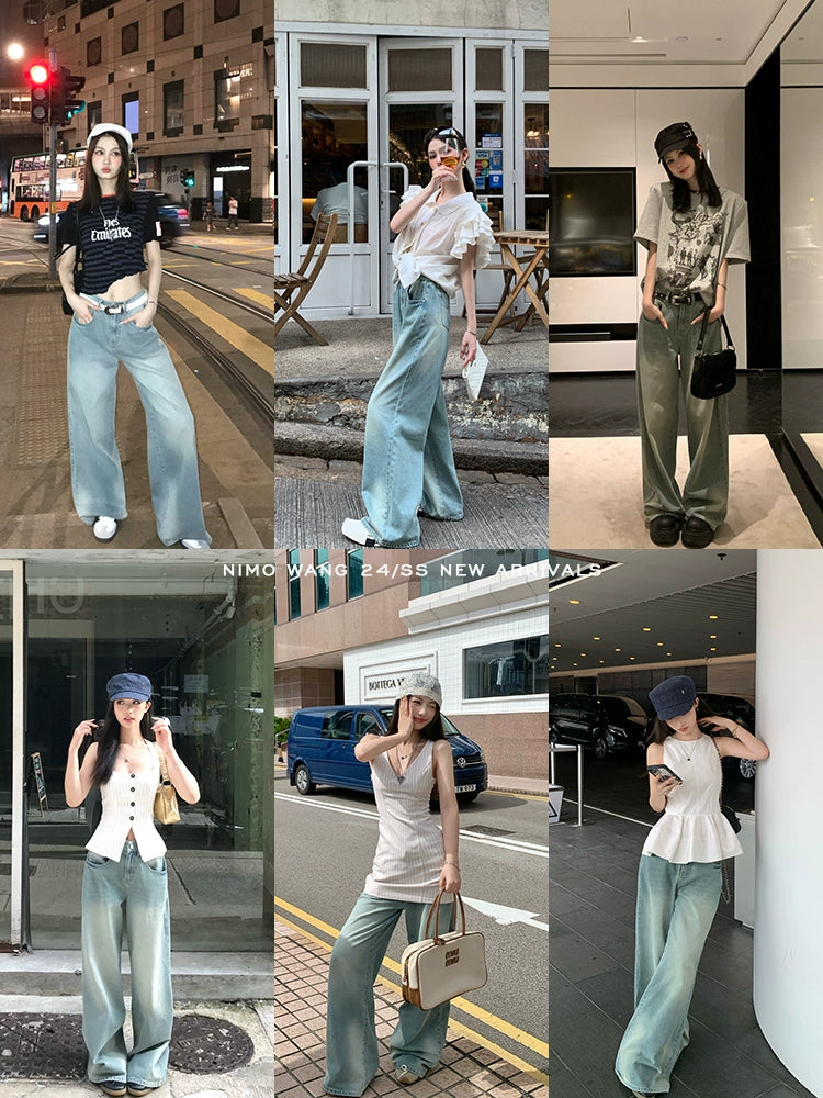 [Street Tipsy] Light Blue Loose Straight-Leg Jeans - Women's Summer Wide-Leg Style