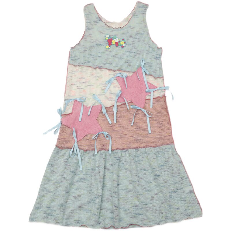 Sky Blue Patchwork Knit Tank Dress | Sweet Y2K Star Mini Dress