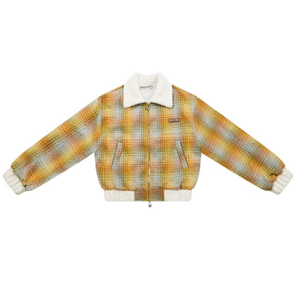 Yellow Checkered Velvet Wool Jacket | Short Collar Retro Design for Autumn/Winter