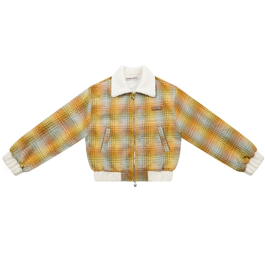 Yellow Checkered Velvet Wool Jacket | Short Collar Retro Design for Autumn/Winter