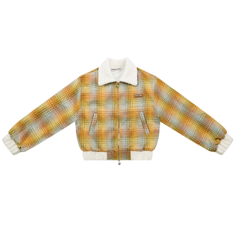 Yellow Checkered Velvet Wool Jacket | Short Collar Retro Design for Autumn/Winter