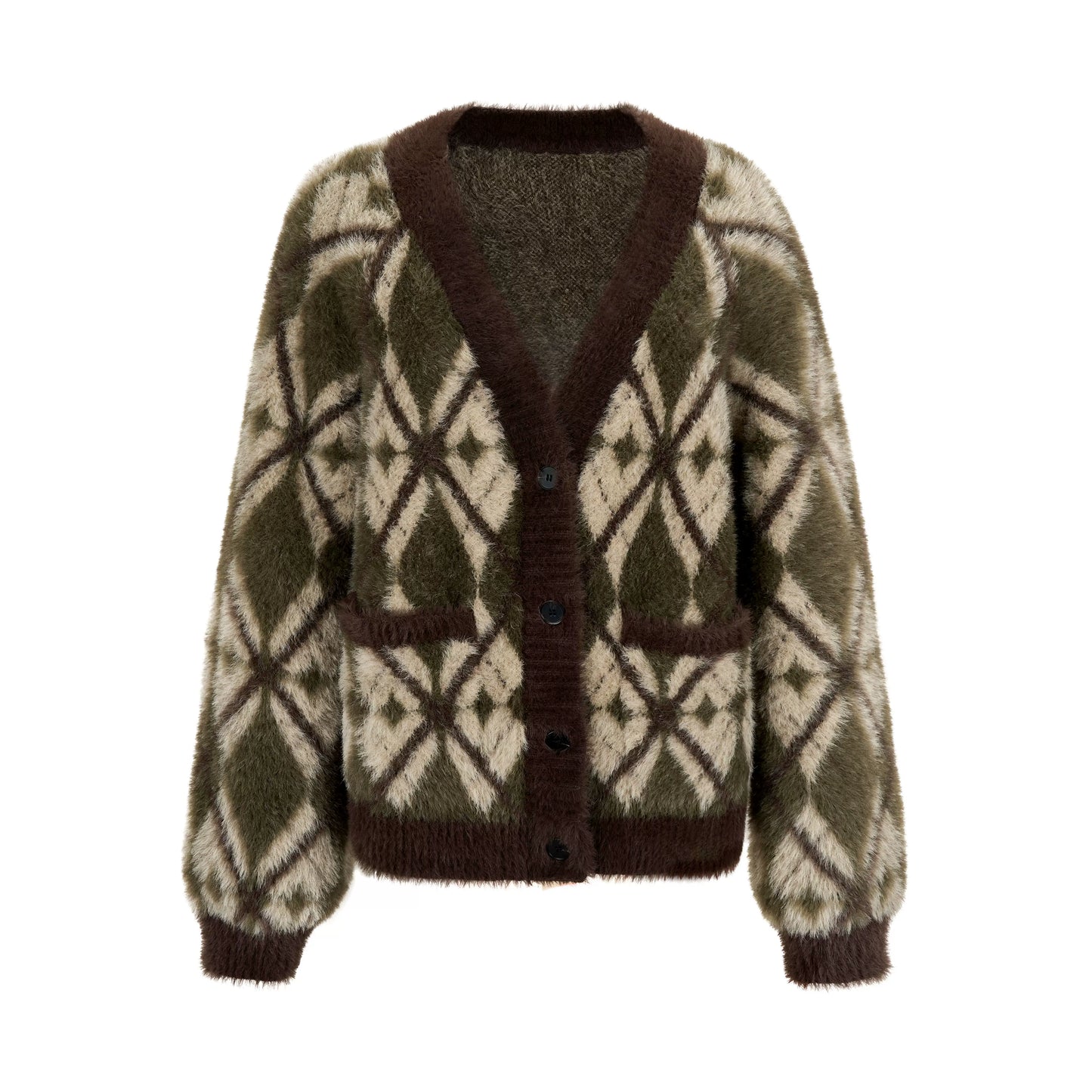 Otoño e invierno Estilo perezoso suelto All Love Amor Diamond Plaid Mink Fleece Cardigan Séter de cuello en V para mujeres