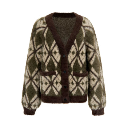 Automne et hiver Lazy Style Allover Lover Love Diamond Plaid Imitation Fleece Cardigan Cardigan V-Neck Pull pour les femmes