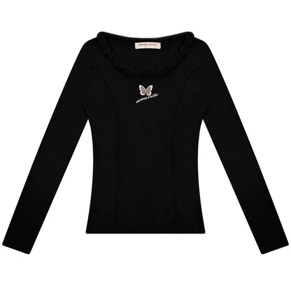 Butterfly Embroidered High Neck Knit Top | Slim Fit for Autumn/Winter