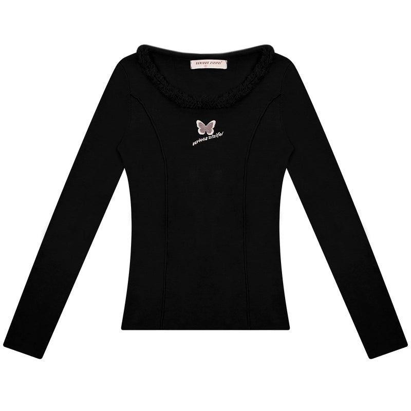 Butterfly Embroidered High Neck Knit Top | Slim Fit for Autumn/Winter