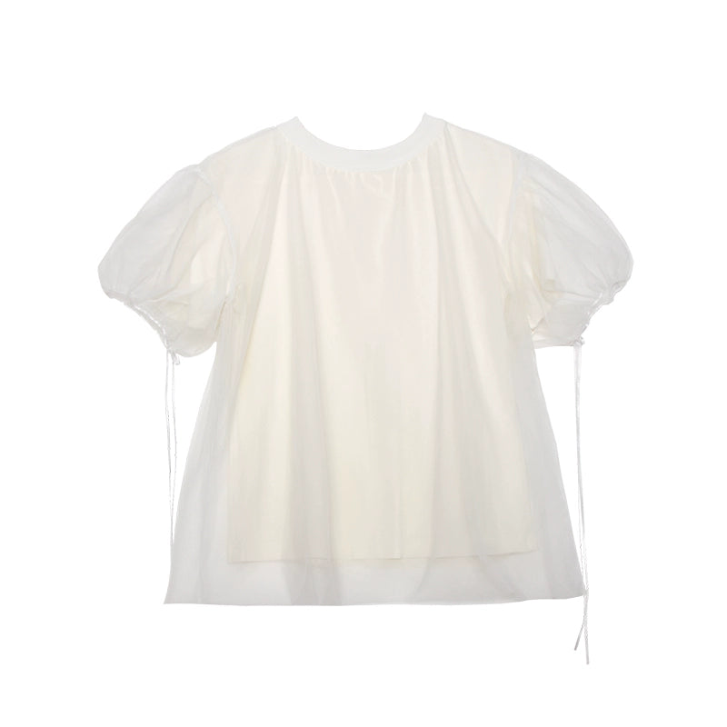 Air Feeling Fluffy Double Layer Mesh Bubble Sleeve Top