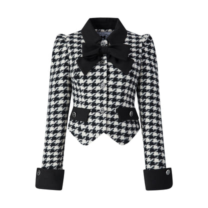 Contrast Bird Plaid Wool Coat