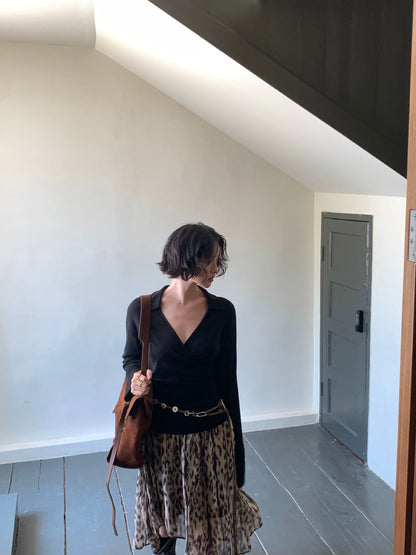 High-Waisted Leopard Print Pleated Midi Skirt – Hong Kong Retro Autumn