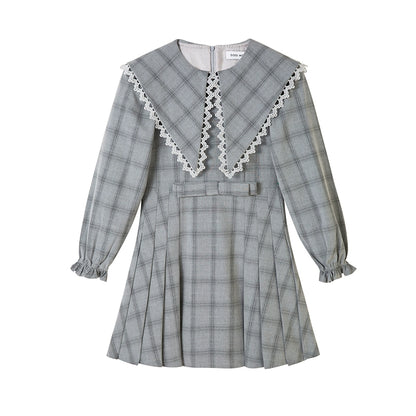 Pleated Plaid - Large Lapel Dress