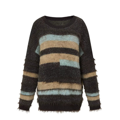 imitación de felpa de otoño e invierno Mink Fur Two Tone Sweater asimétrico de rayas de cuello redondo suelto